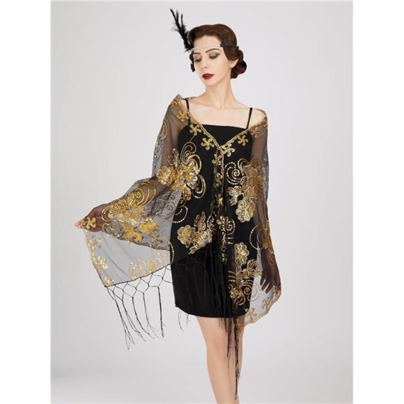Women's Long Shawl Wraps, Sequin Black Gold